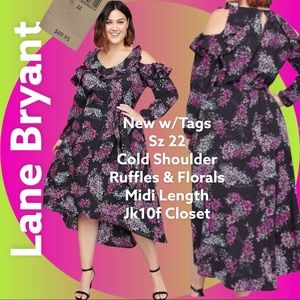 🌹NWT LANE BRYANT Sz22 BLACK FLORAL MIDI DRESS